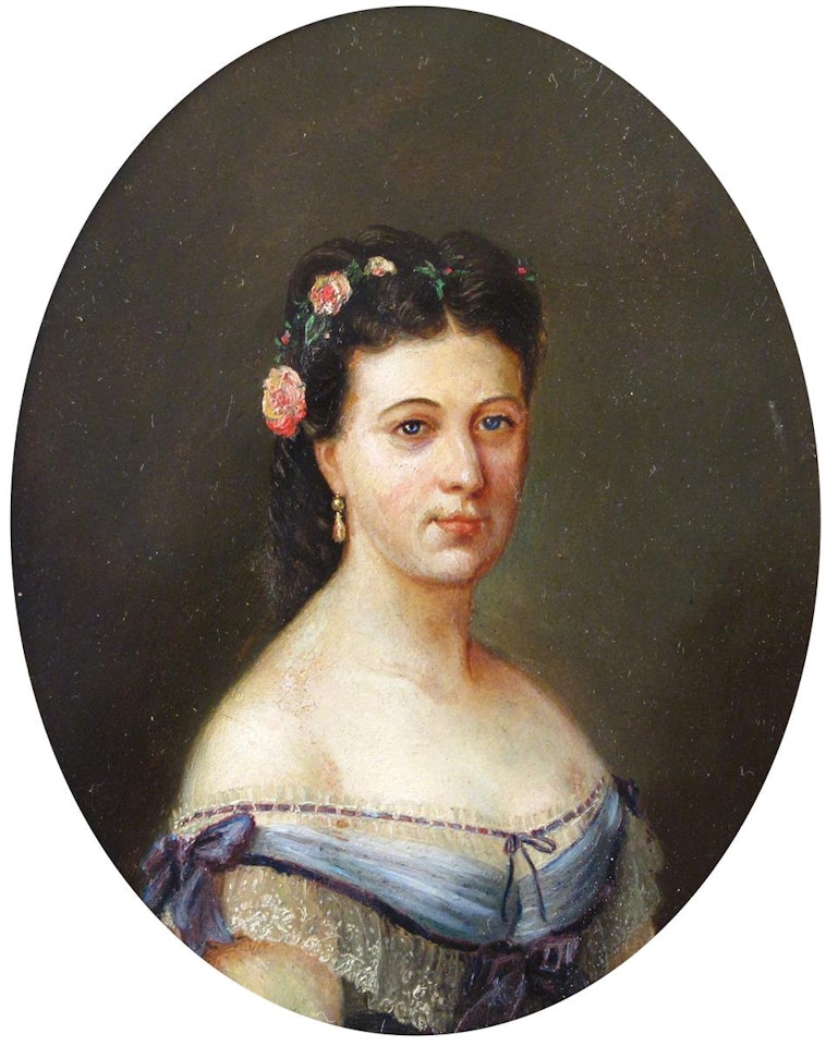 A lady, head and shoulders wearing a blue dress and flower in her hair by English School