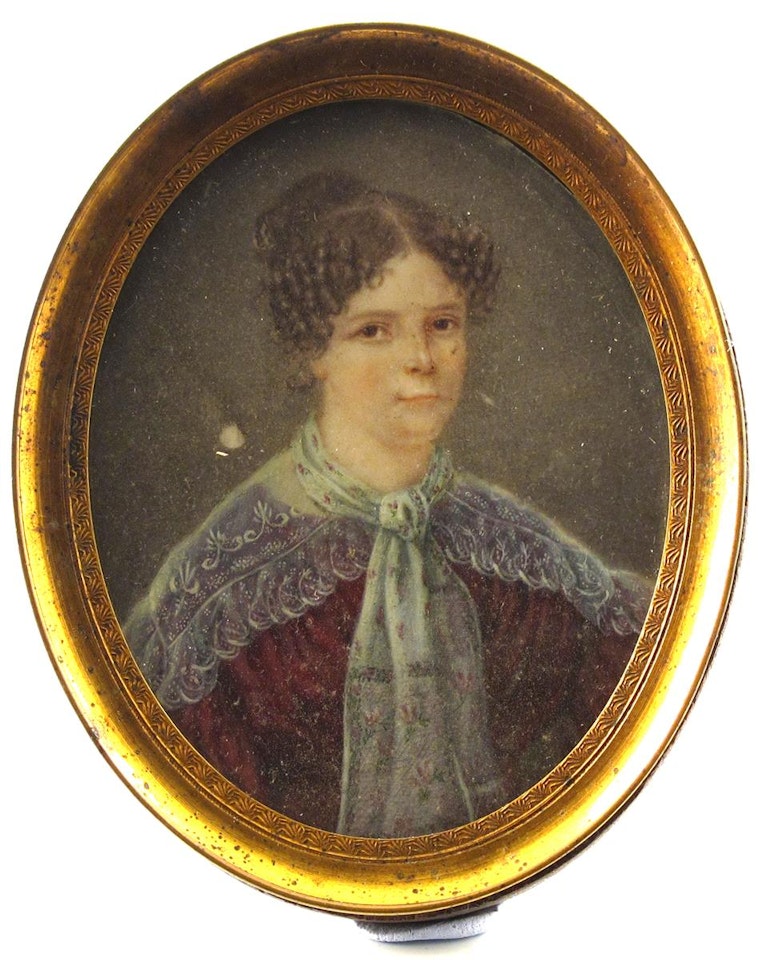 A lady, half length, wearing a purple dress and lace shawl by English School