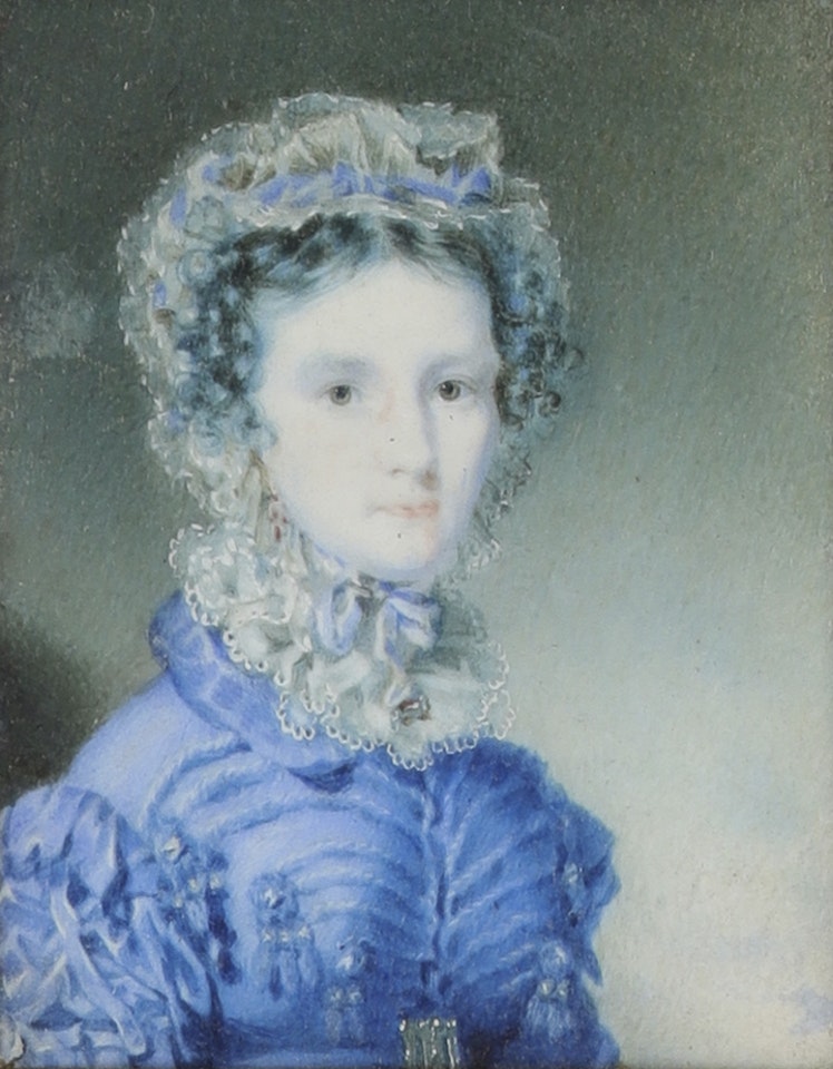 Portrait miniature of Mrs Harriet Stewart, née MacLaine, of Fasnacloich, in a blue dress and white collar and bonnet by English School
