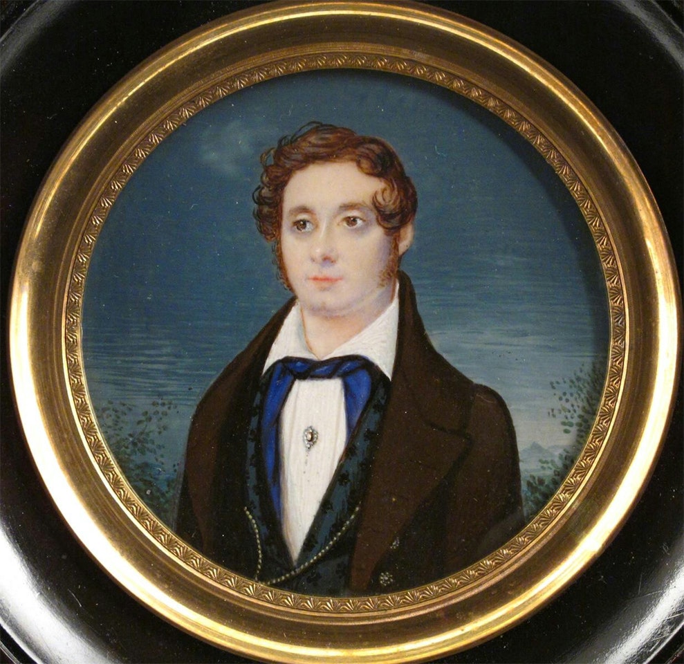 A gentleman, half length in a brown coat by French School