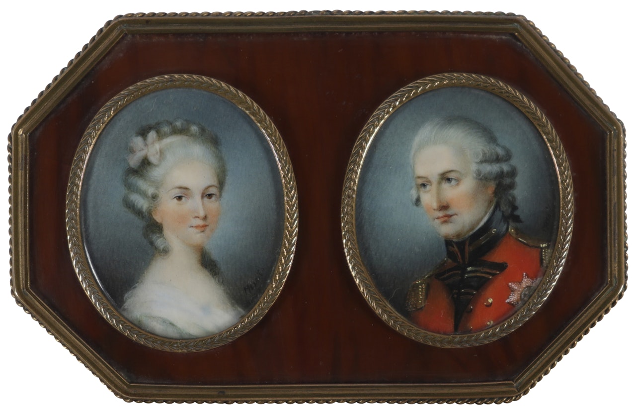Portrait miniature of a officer wearing regimental uniform and the Order of the Garter; Portrait miniature of his wife in a white dress with powdered hair by English School
