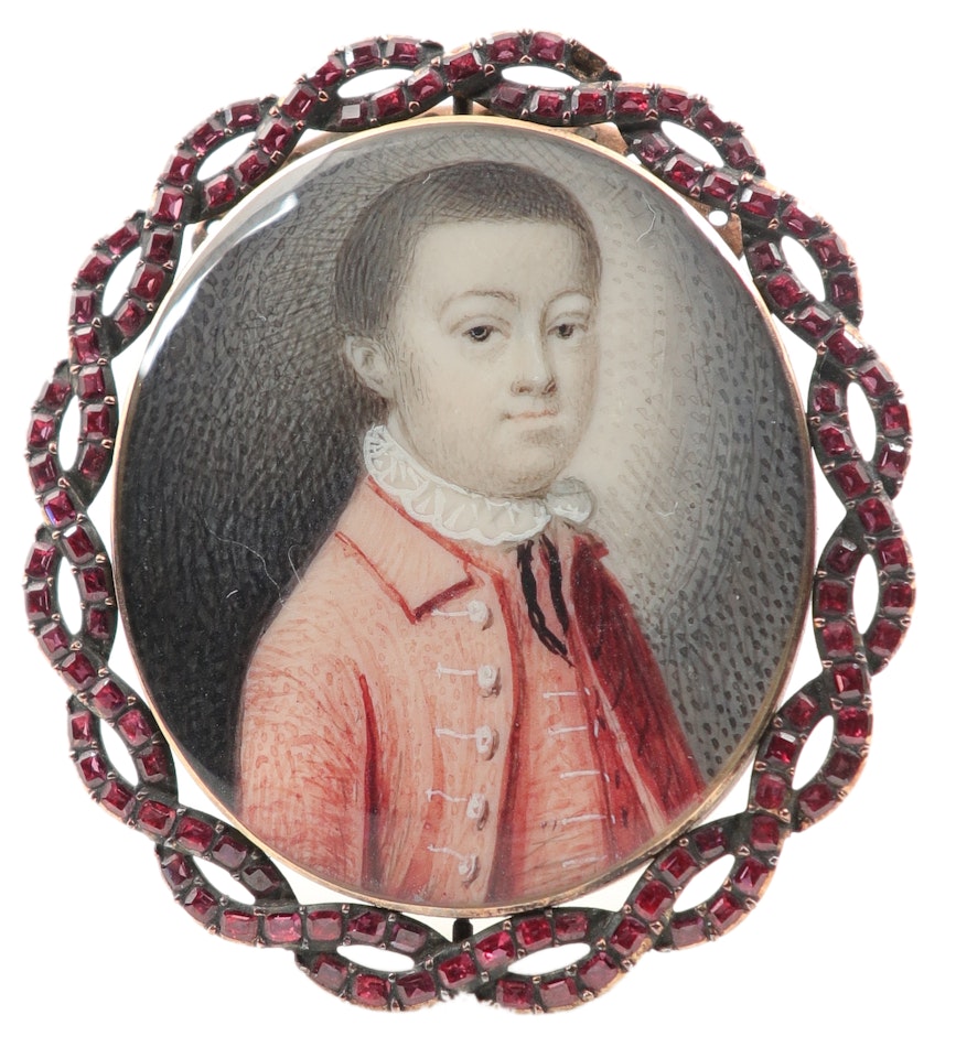 Portrait miniature of a boy, wearing a red coat and waistcoat by English School