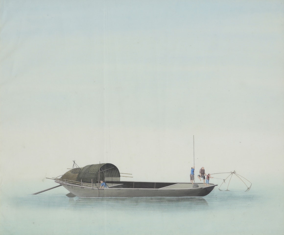 Chinese junk with fishermen casting a net; Chinese junk with a fisherman tending to the sail by Chinese School