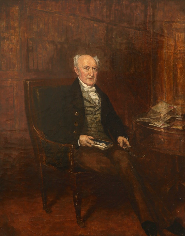 Portrait of a gentleman, full-length, seated and holding a book by English School