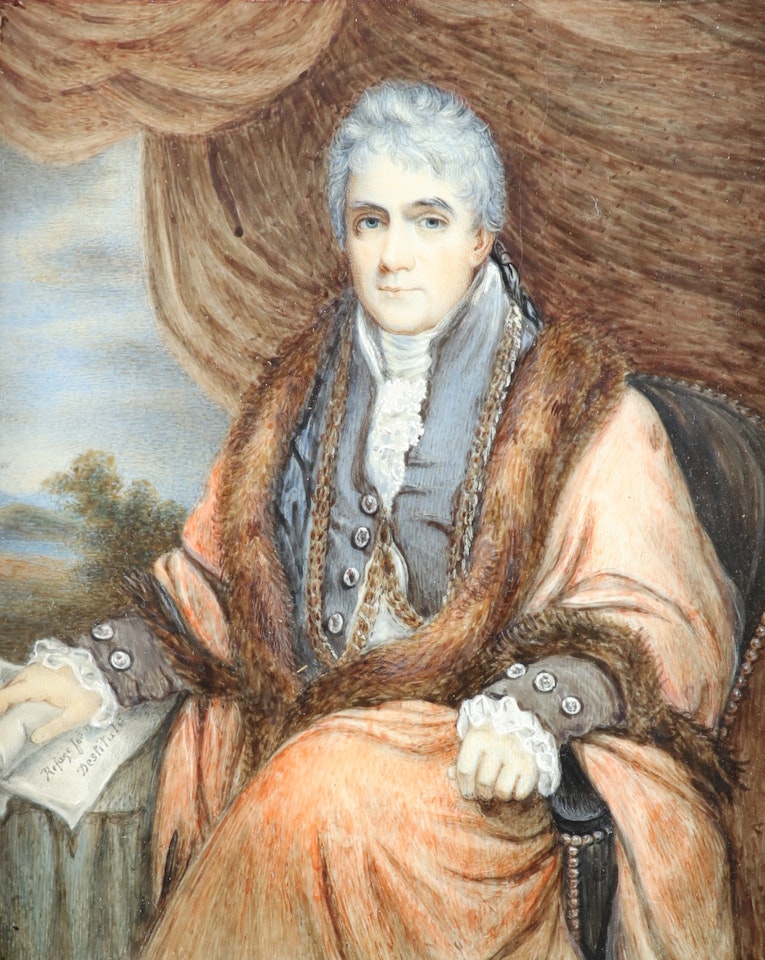 Portrait miniature of a Lord Mayor, seated, holding a letter, a landscape beyond by English School