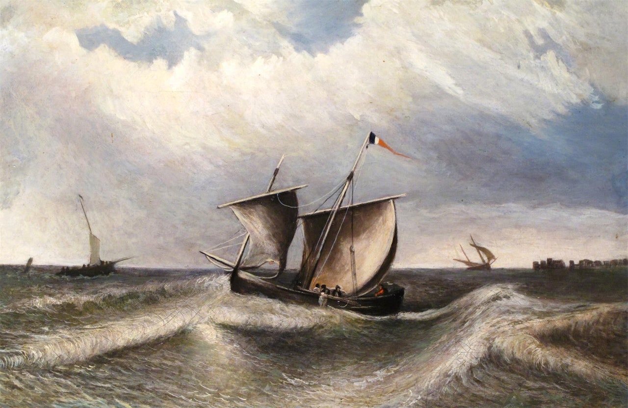 Fishing boats on a choppy sea by English School