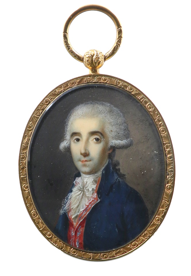 Portrait miniature of a gentleman wearing a blue coat and red waistcoat by French School