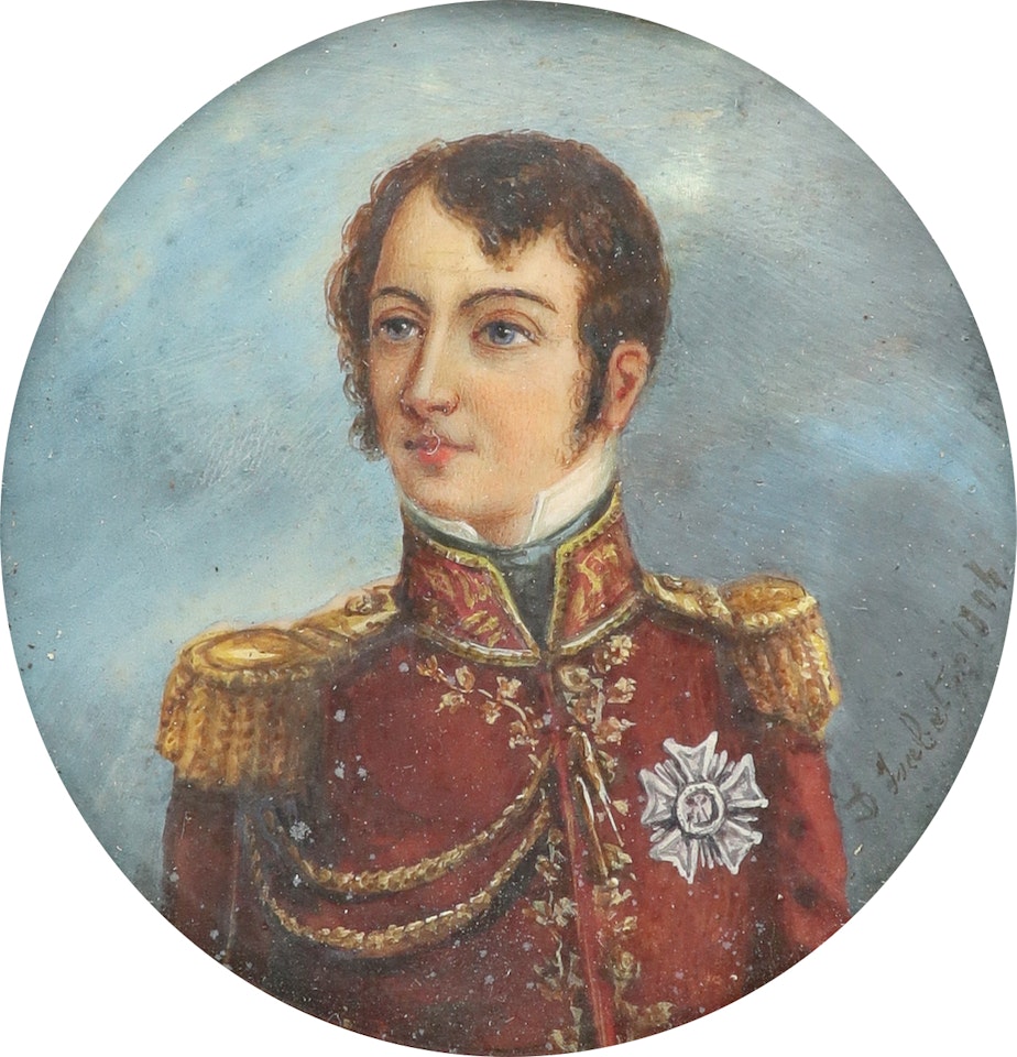 Portrait miniature of an officer, wearing a red coat, turned to the right; Portrait miniature of an officer, wearing a red coat, turned to the left; Portrait miniature of a gentleman wearing a cream coat; Portrait miniature of an officer wearing a fur-lined green coat by French School
