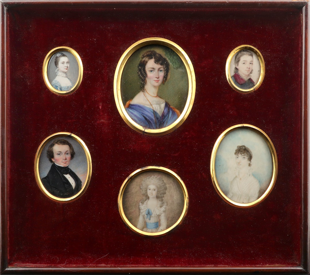 Portrait miniature of a lady, wearing a blue dress, and pearl necklace, earring and hair piece by English School
