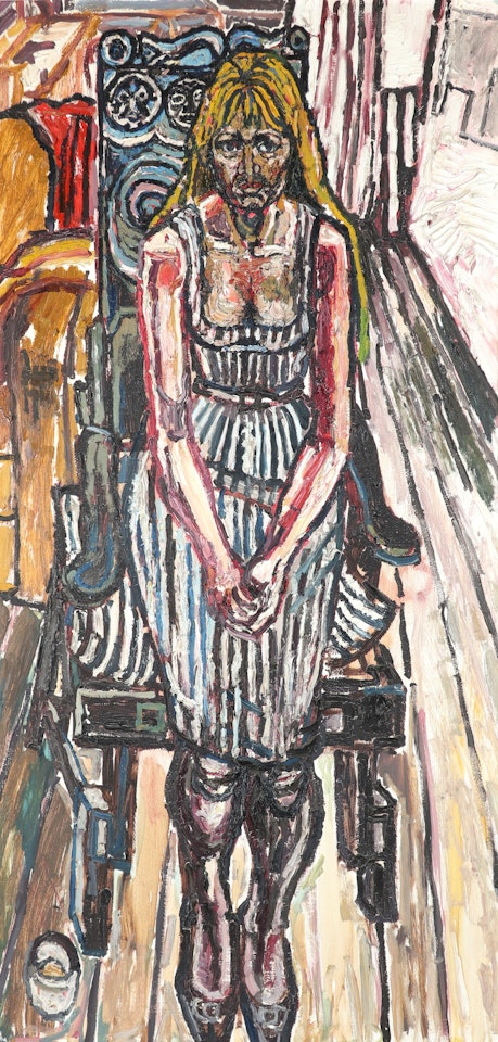 Girl in a carved chair by John Bratby