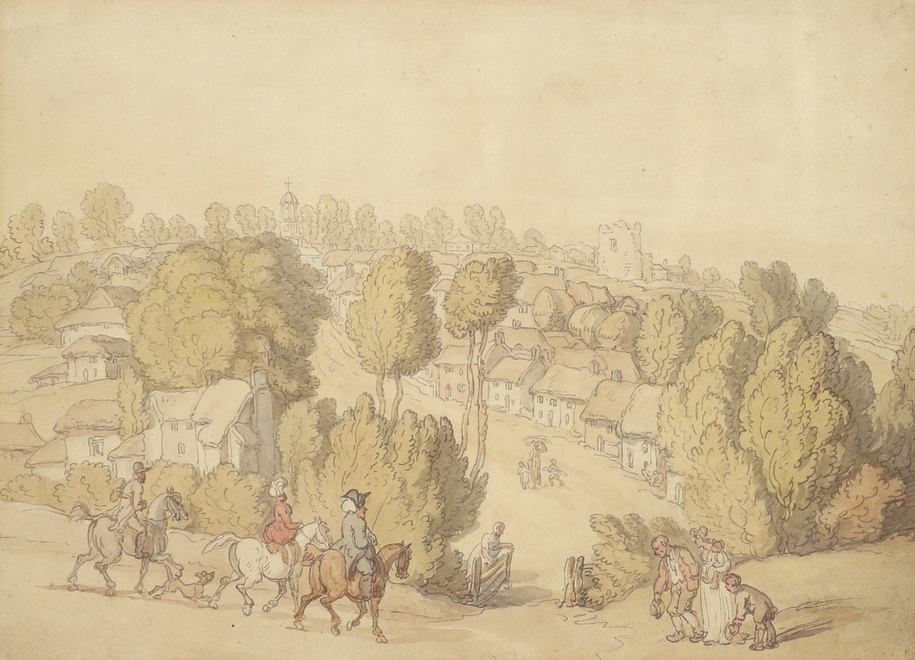 Figures on the road approaching a country town by Thomas Rowlandson