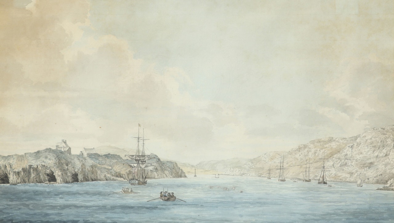 Three marine scenes with shipping off the coast by English School