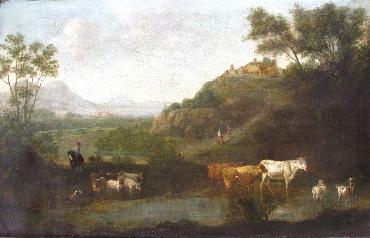 Italianate landscape with travellers, goats and cattle by a river, a hilltop town beyond by English School