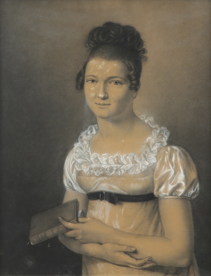 Portrait of a young lady in a white dress, holding a book by French School