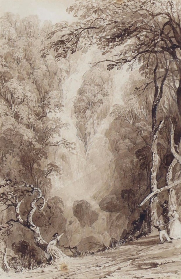 Figures by a waterfall by Thomas Allom