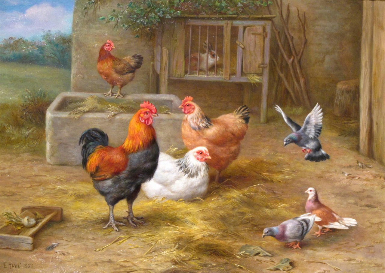 Chickens and Pigeons in a farmyard by Edgar Hunt