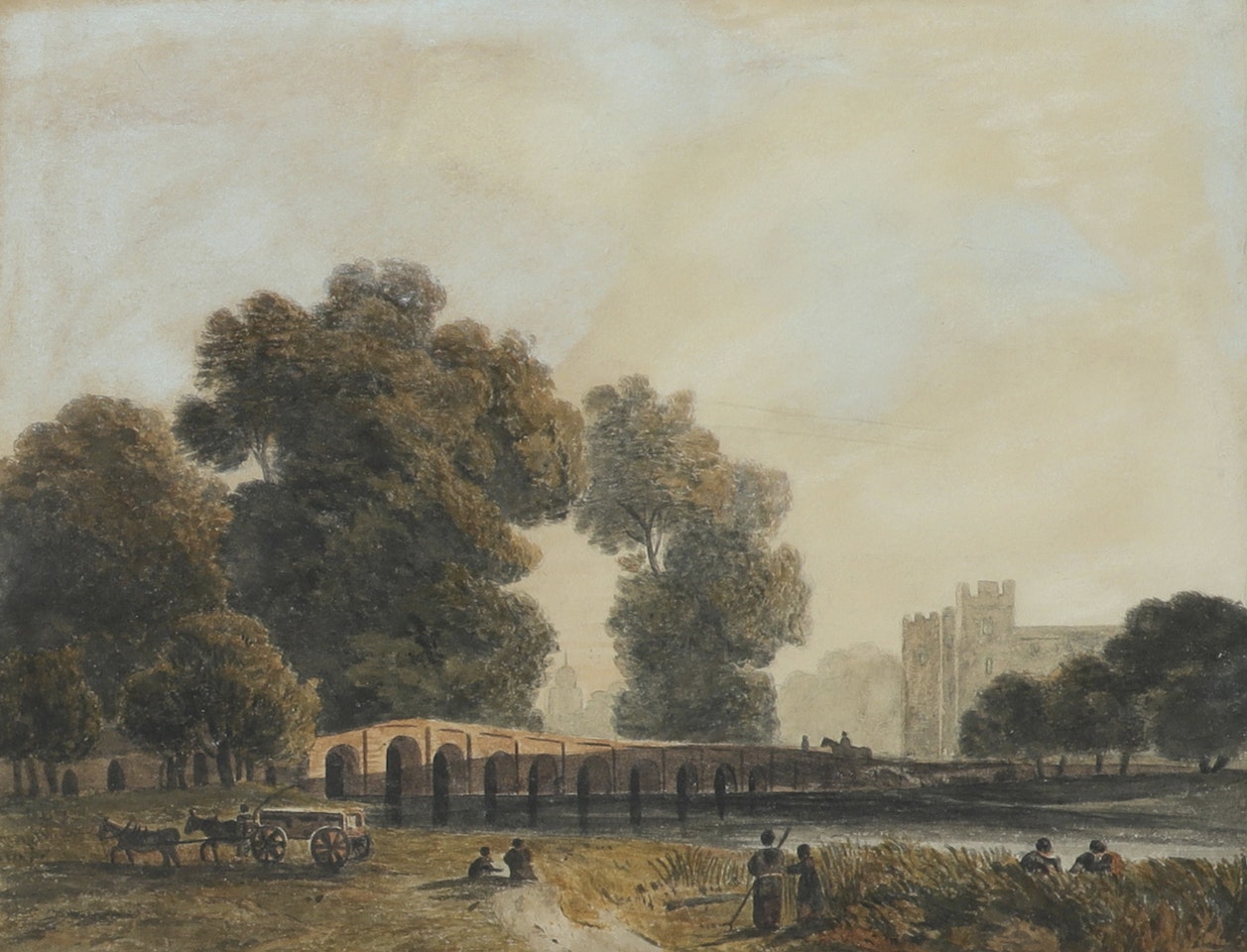 Figures near a bridge by English School