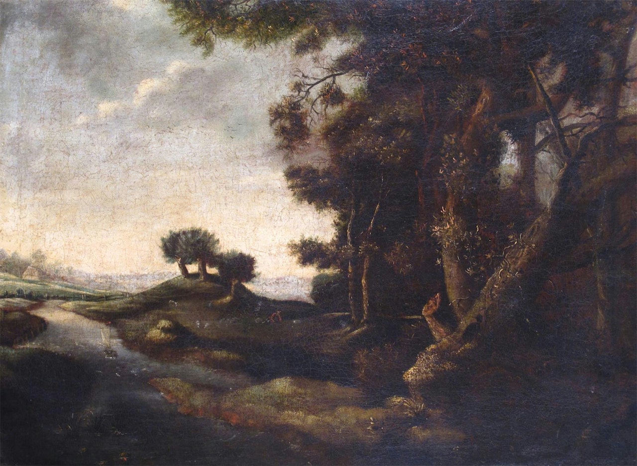 Figures in a wooded river landscape by Flemish School