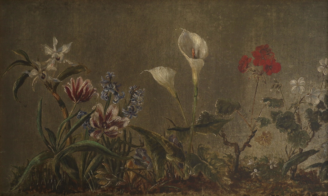 Floral still life with orchid, tulips, hyacinths, crocuses, peace lily and geraniums by Continental School