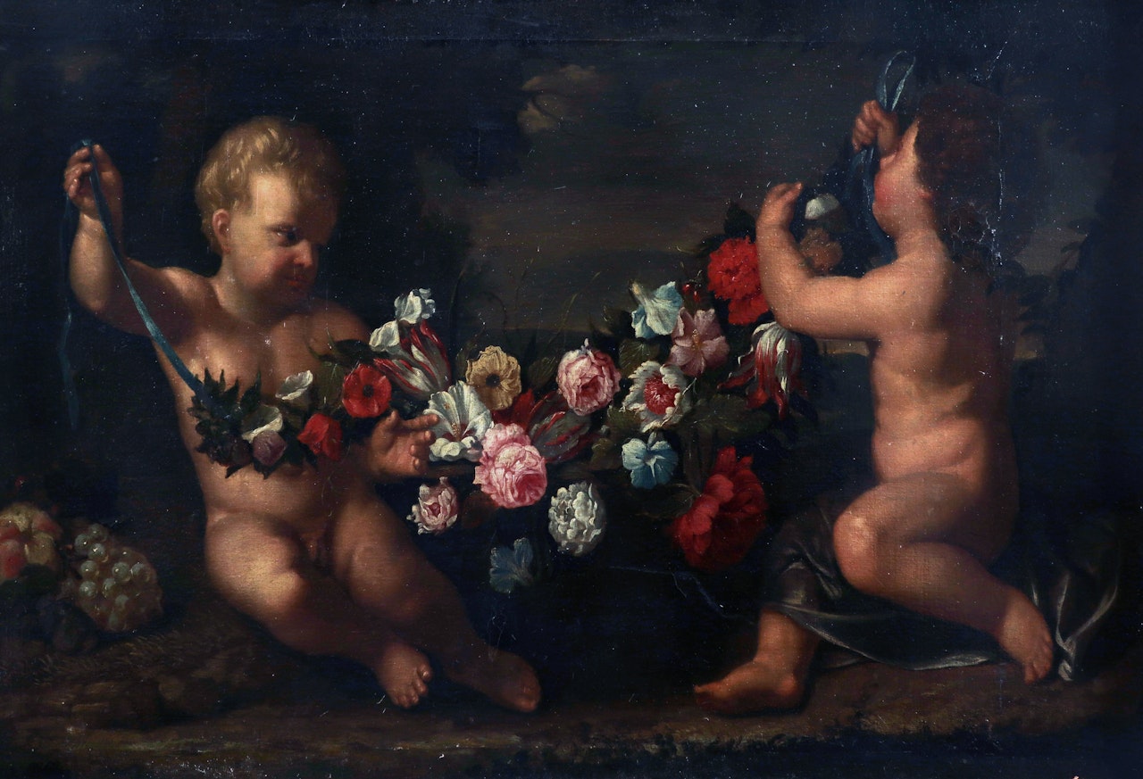 Two putti in a landscape holding a garland of flowers by Roman School