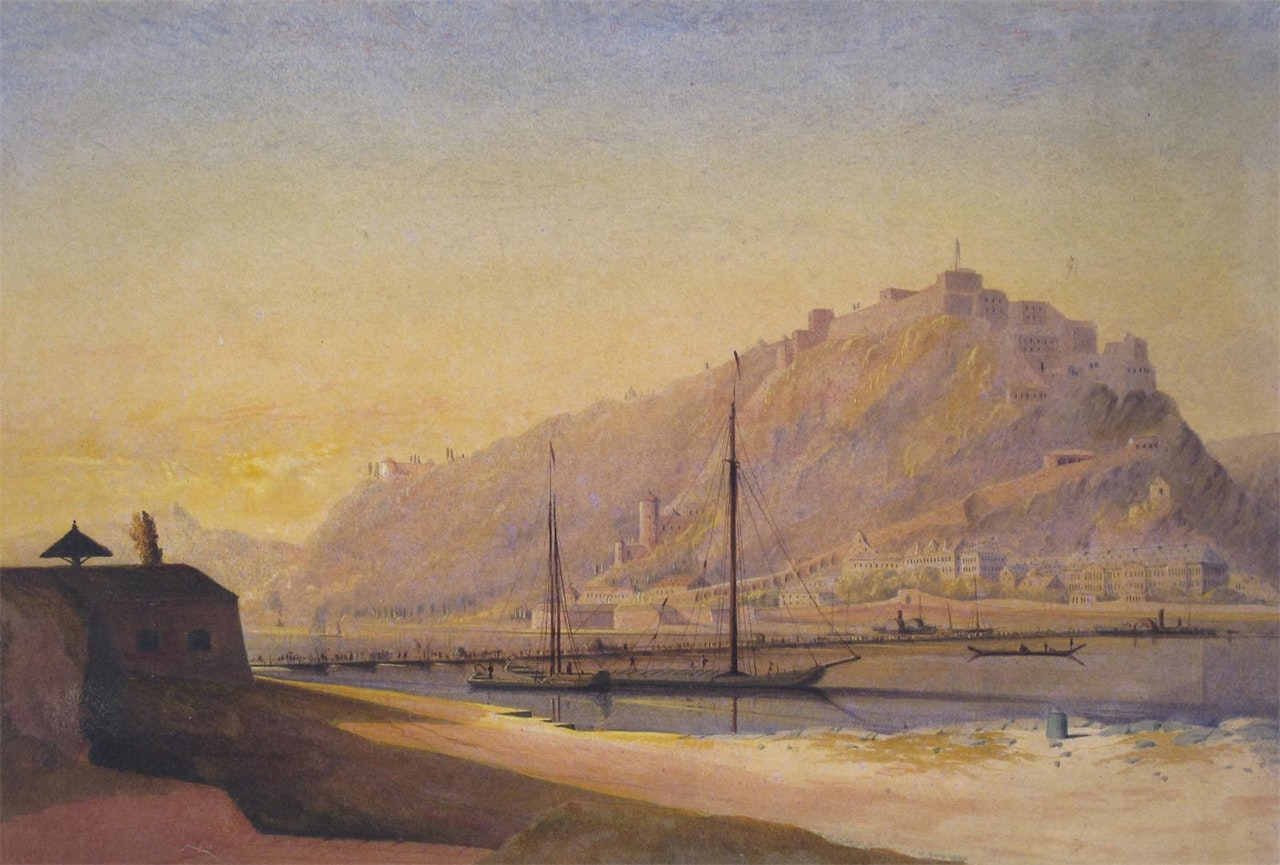 A view of a castle on the Rhine by English School