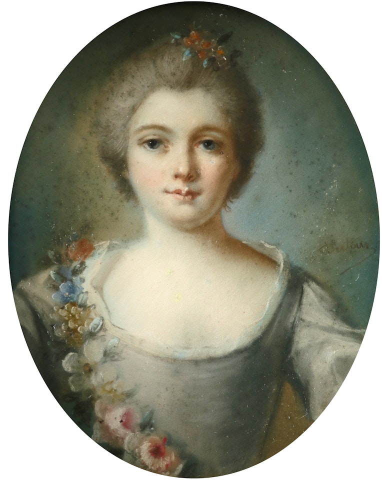 Portrait of a young lady, with a floral garland and flowers in her hair by French School