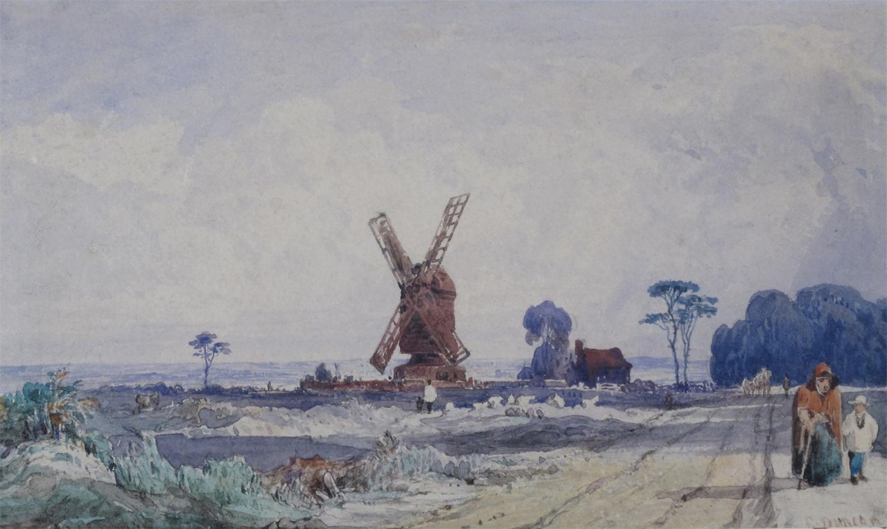 Figures on a road, a windmill beyond by Edward Duncan