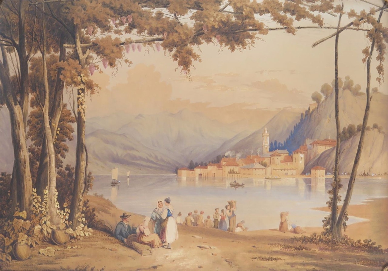 Figures in a lake landscape, a town beyond by English School