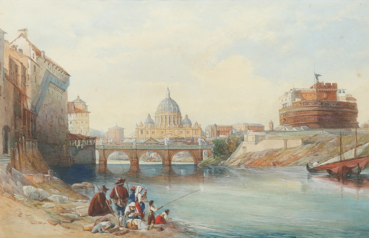Figures fishing on the Tiber, Castel" Sant"Angelo and St. Peters" beyond; A view of the Roman Forum, with figures resting by the Arch of Septimus Severus by English School