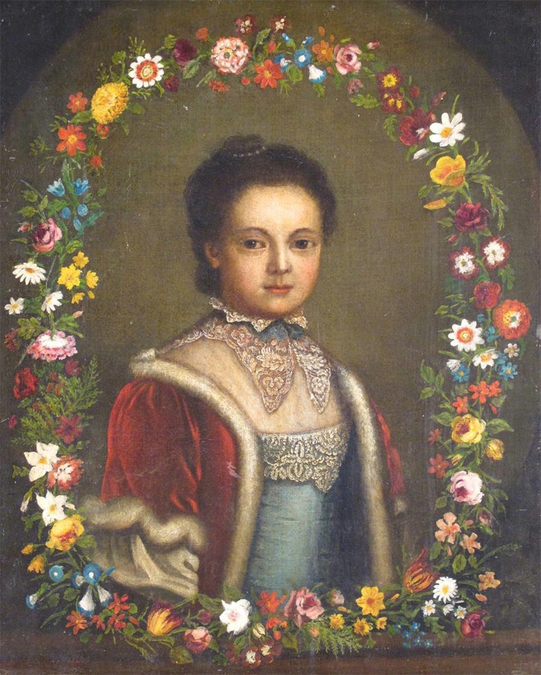 Portrait of a girl in a red fur-trimmed cloak in a painted garland by English School