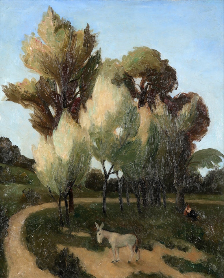 Landscape with a donkey and a figure resting in the shade by French School