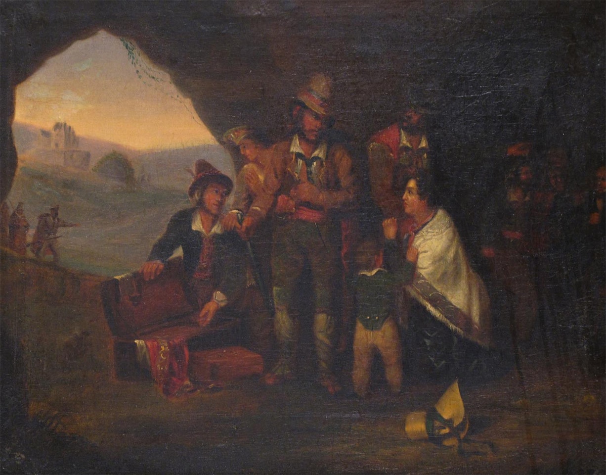 Figures sheltering in a cave with soldiers approaching by German School