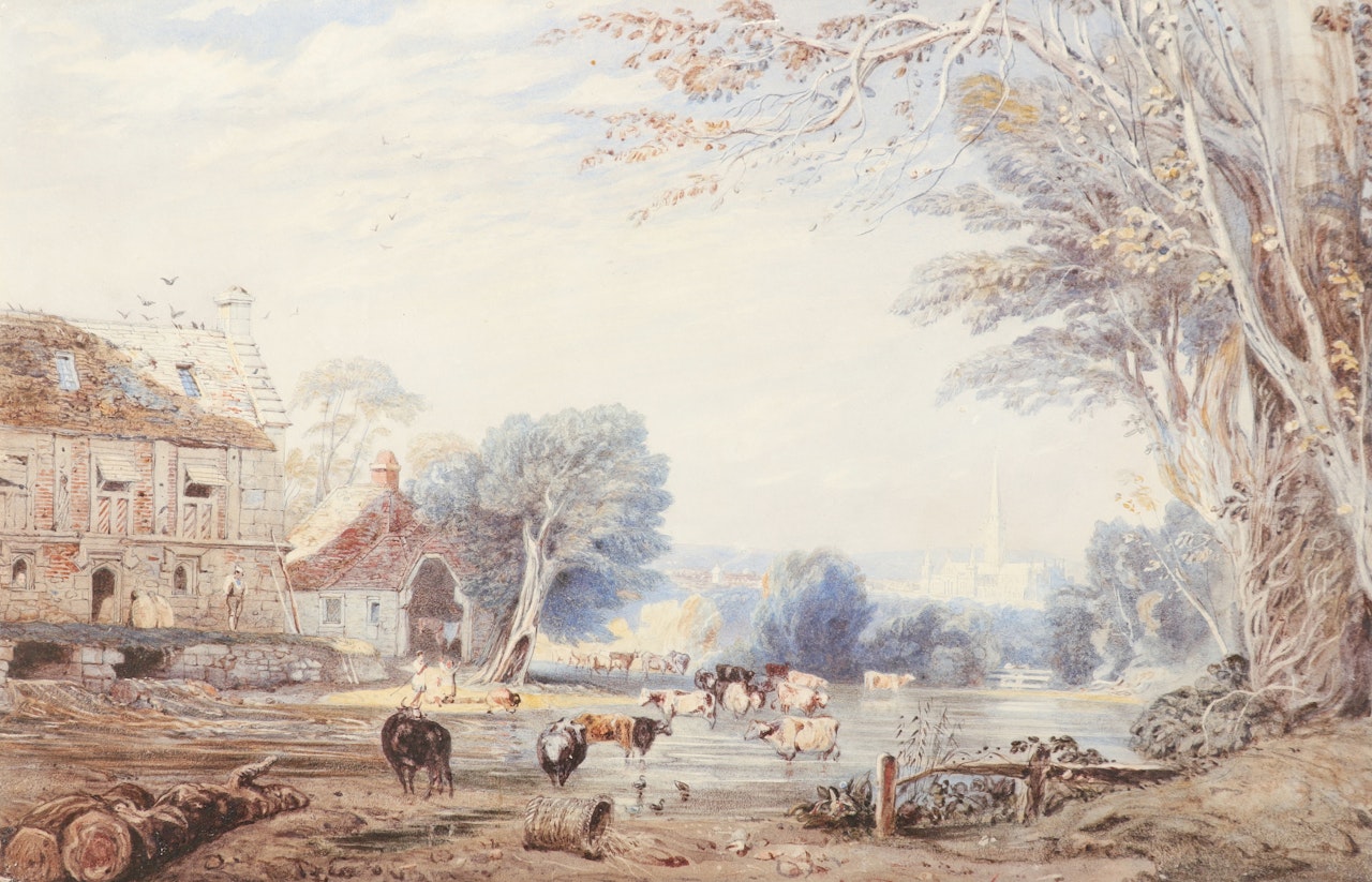 A view of Salisbury, with cattle watering, and the Cathedral beyond by English School