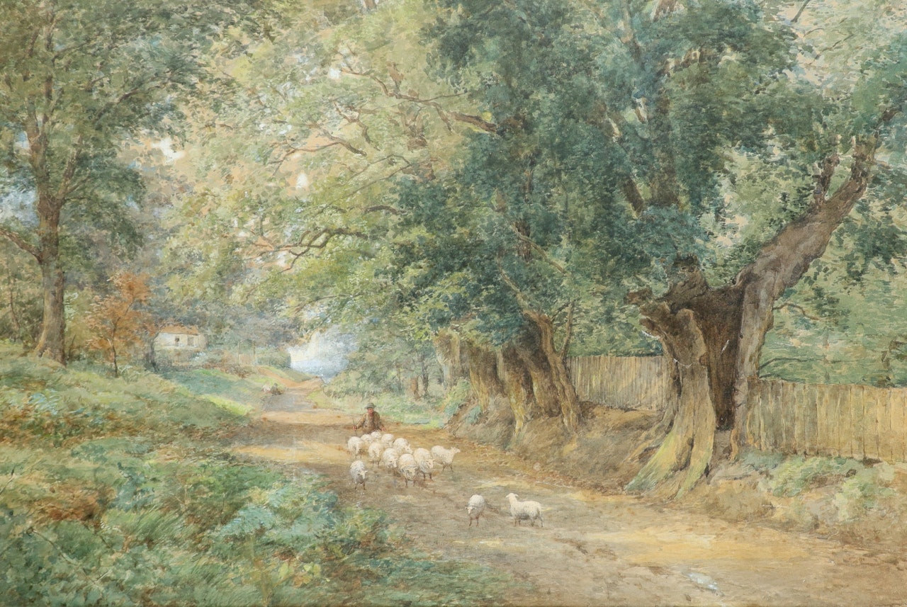A shepherd and his flock on a country road by English School