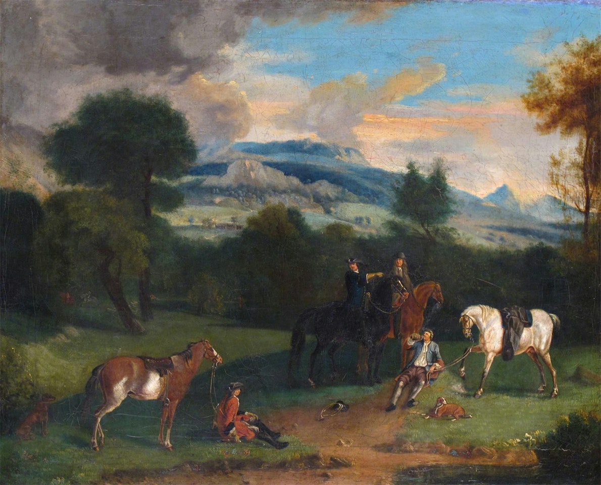 Travellers resting in a landscape by English School