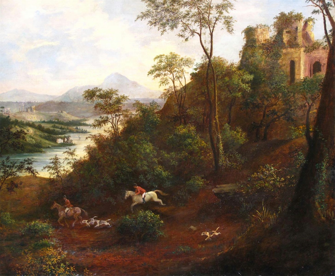 Mountain lake landscape with two huntsmen and hounds in the foreground by English School
