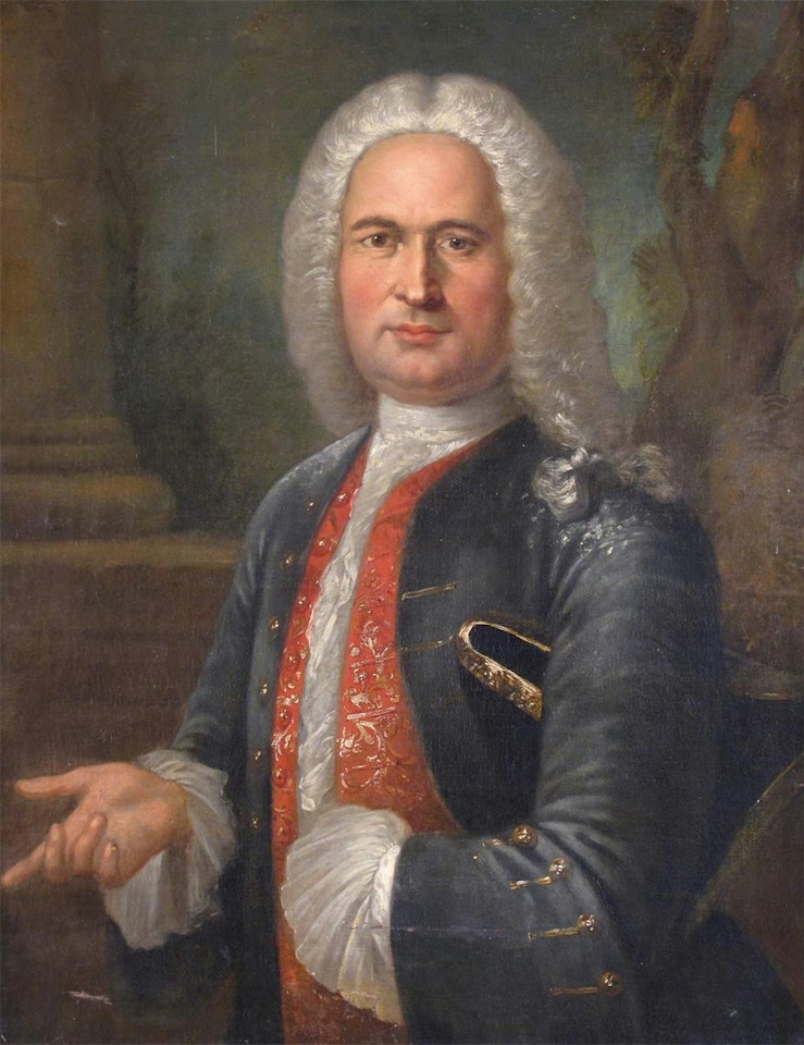 Portrait of a gentleman, half length, standing by a pillar, wearing a blue coat by English School