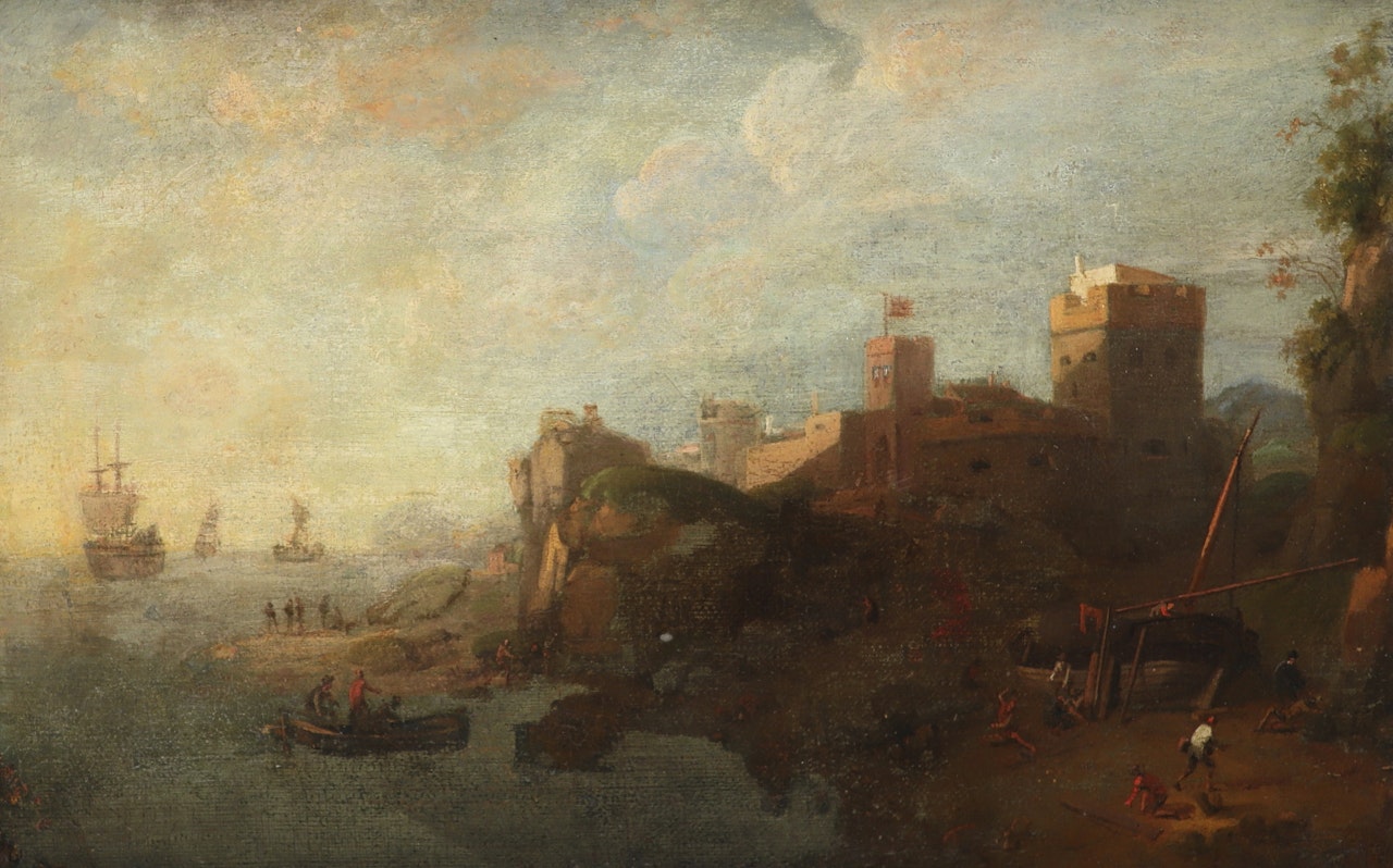 Coastal landscape with a castle, figures fishing and repairing boats by Dutch School