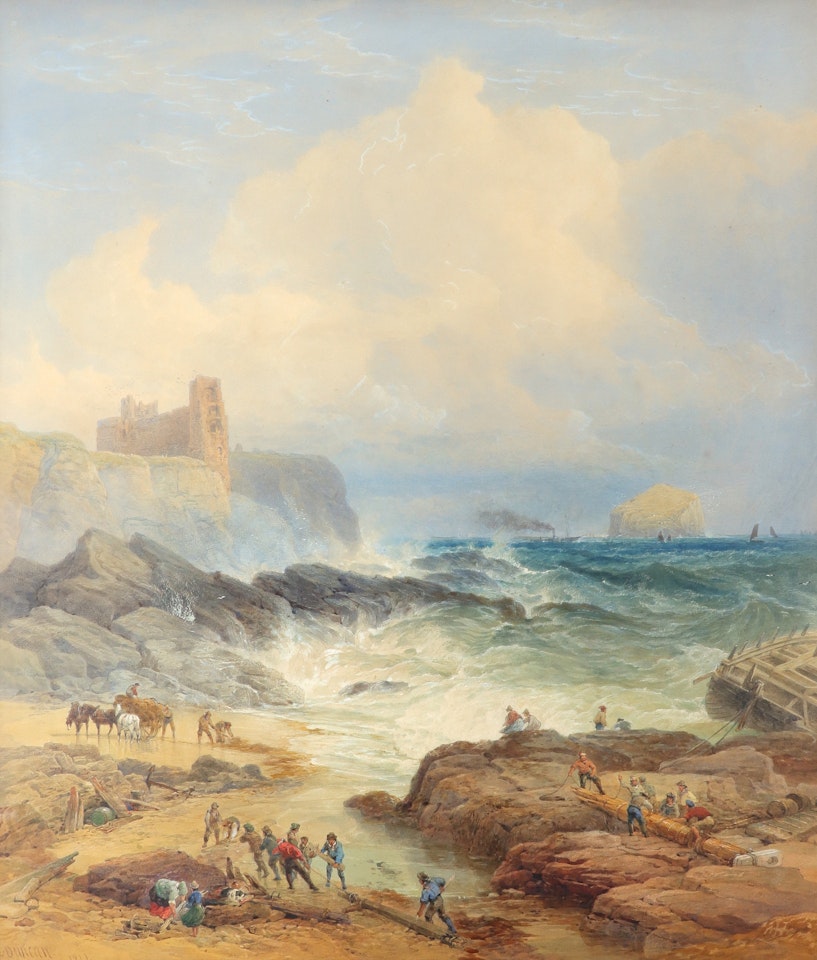 Figures on the beach below Tantallon Castle, Bass Rock in the distance by Edward Duncan