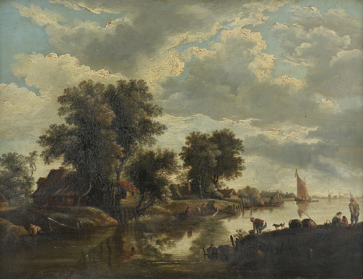 River landscape with figures fishing and boating by Dutch School