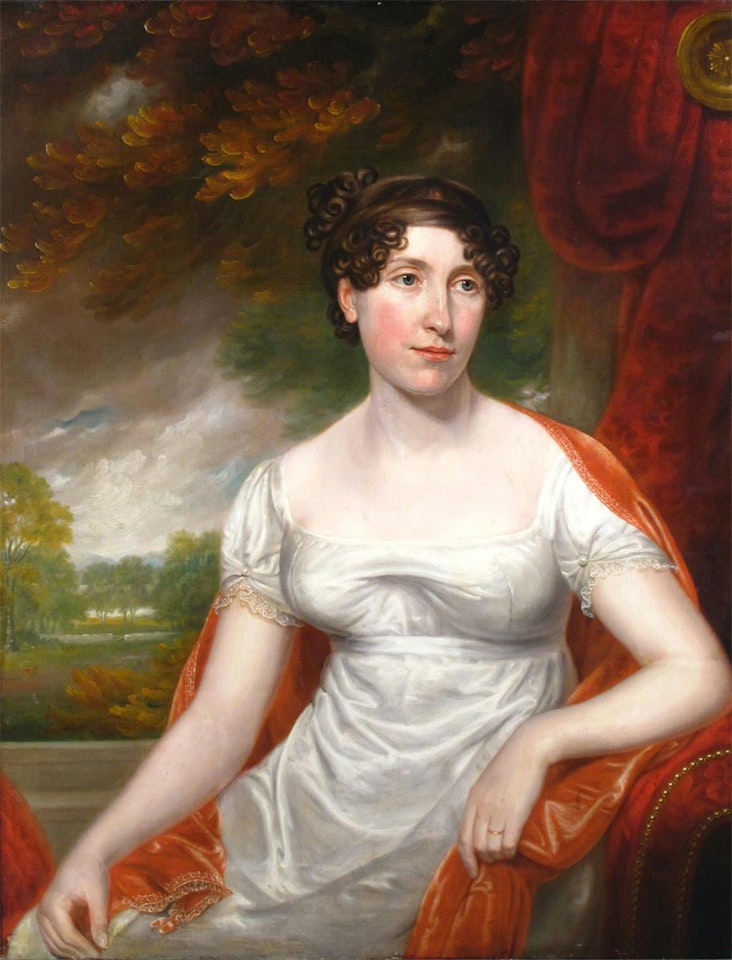 Portrait of a lady, wearing white with a red shawl, seated, a landscape beyond by English School