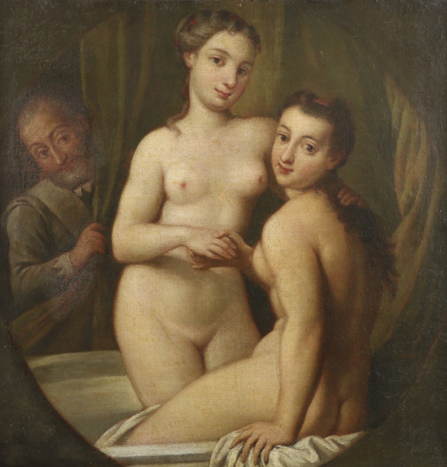 Two nudes with a gentleman voyeur by French School