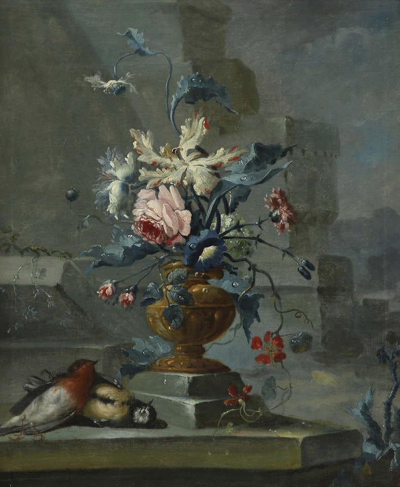 Still life with a vase of peonies, nasturtium and other flowers, with dead birds; Still life with a vase of peonies, morning glory and other flowers with dead birds by French School