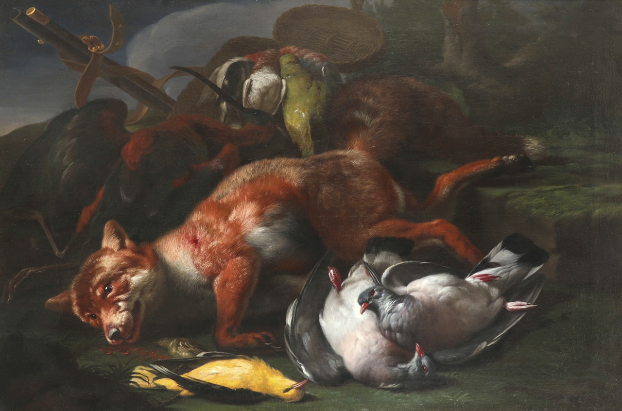Game piece with a fox, a glossy ibis, pigeons and other birds by Continental School