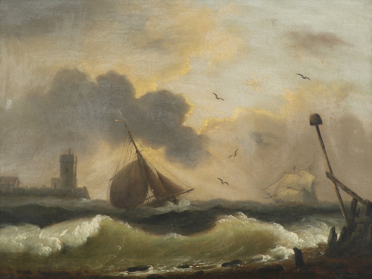 Ships in choppy coastal waters by Thomas Luny