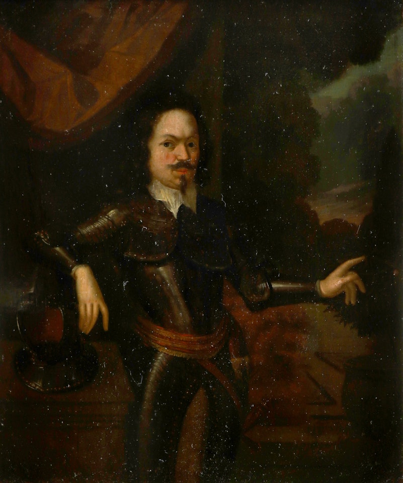 Portrait of a gentleman, half-length, wearing armour and standing near an orange tree by Dutch School