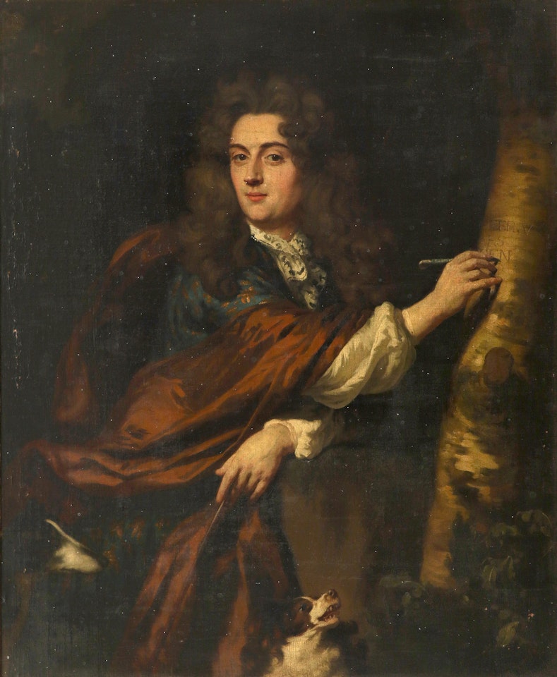 Portrait of a young man, three-quarter length, in a Japanese rok, holding a hunting spear and carving words into a tree by Nicolaes Maes
