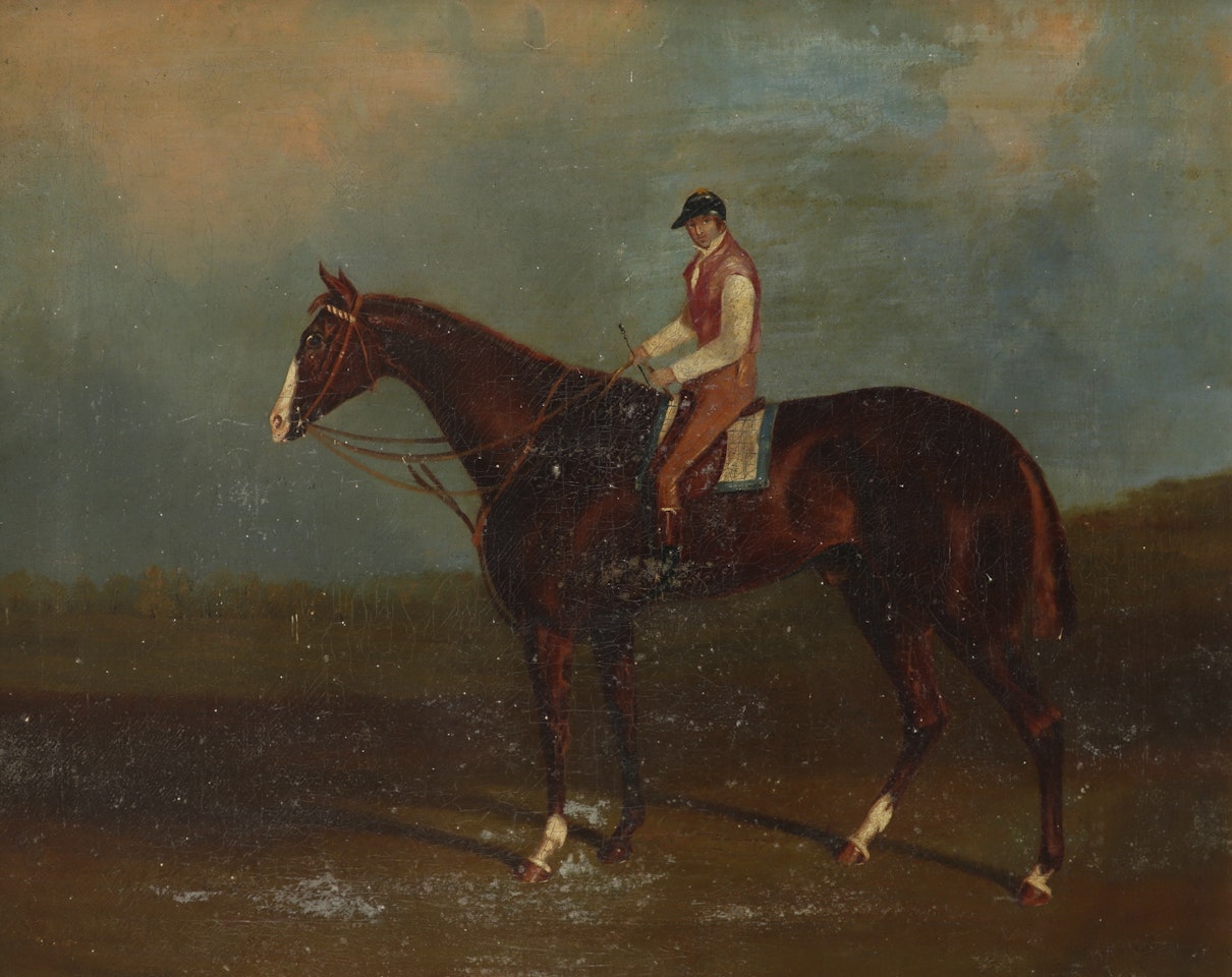 A bay racehorse with jockey up by English School