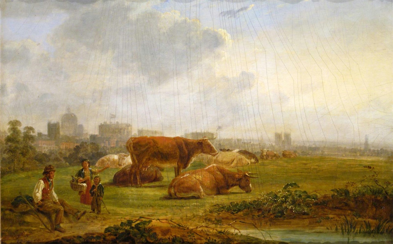Pastoral scene with London monuments beyond by English School