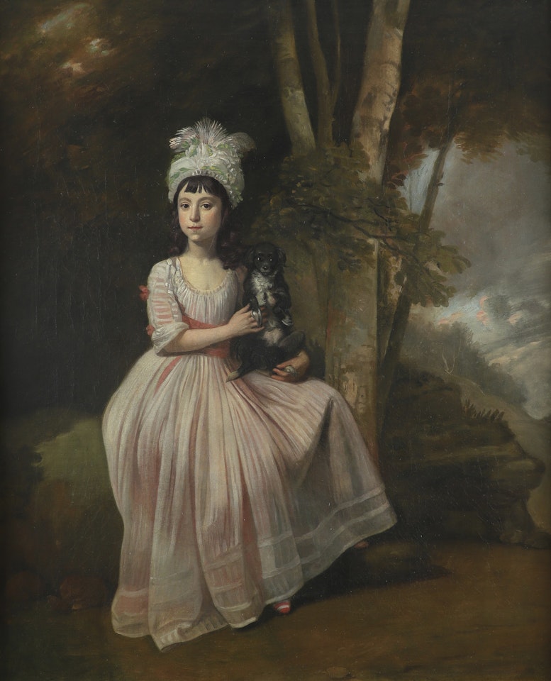 Portrait of Anne Jewell, in a pink dress and exotic headdress, sitting with her dog in a landscape by English School